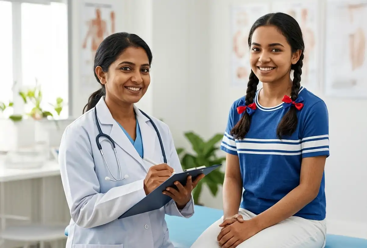 Girl consulting with doctor in clinic